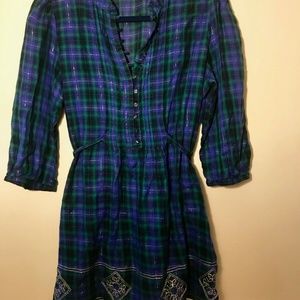 Plaid Tie-Back Tunic with 3/4 Sleeves